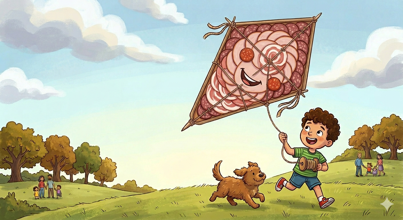 A cartoon boy flying a cute kite made of meat in a park